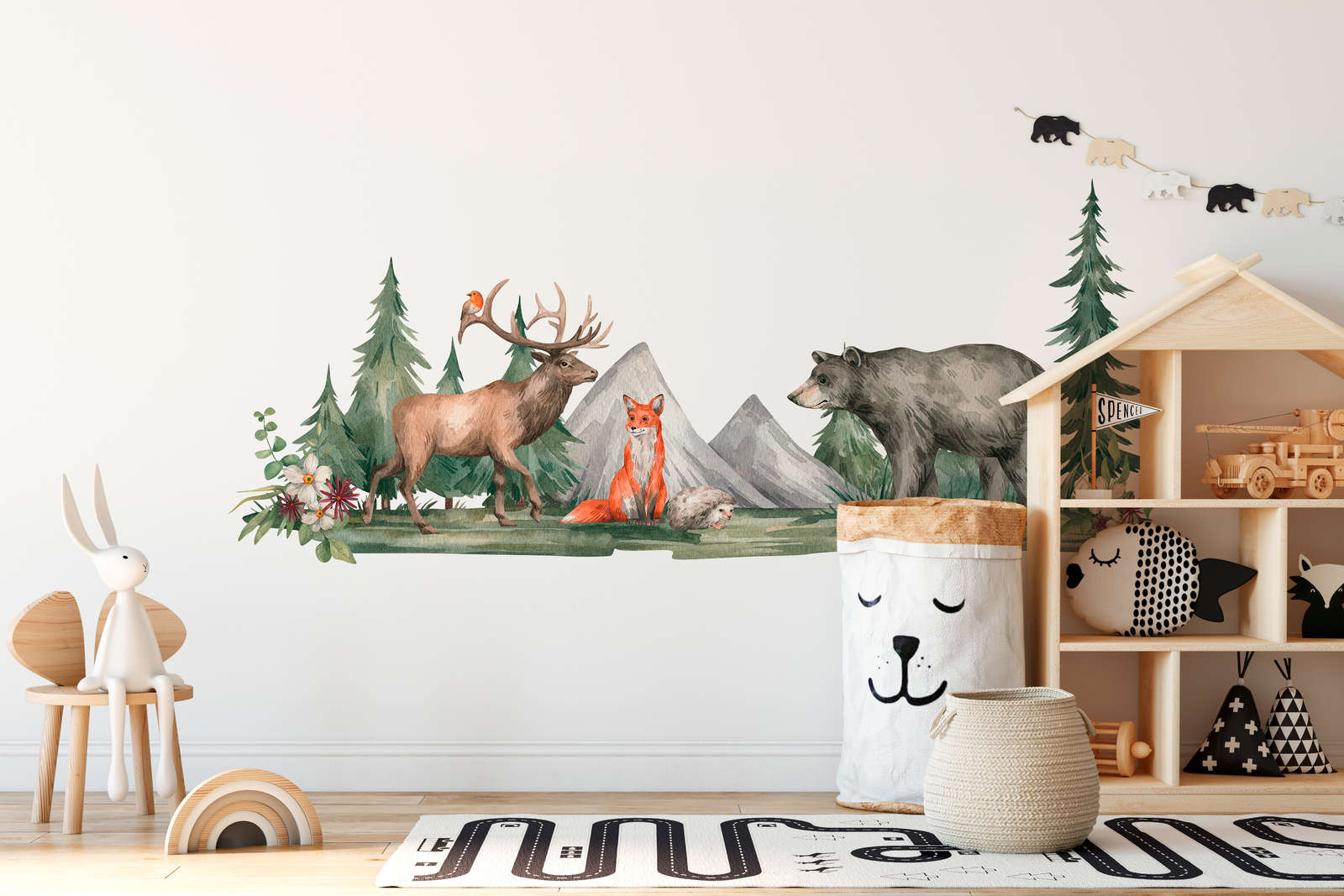             Fototapete Kinderzimmer mit Tieren im Wald – Grün, Braun, Weiß
        
