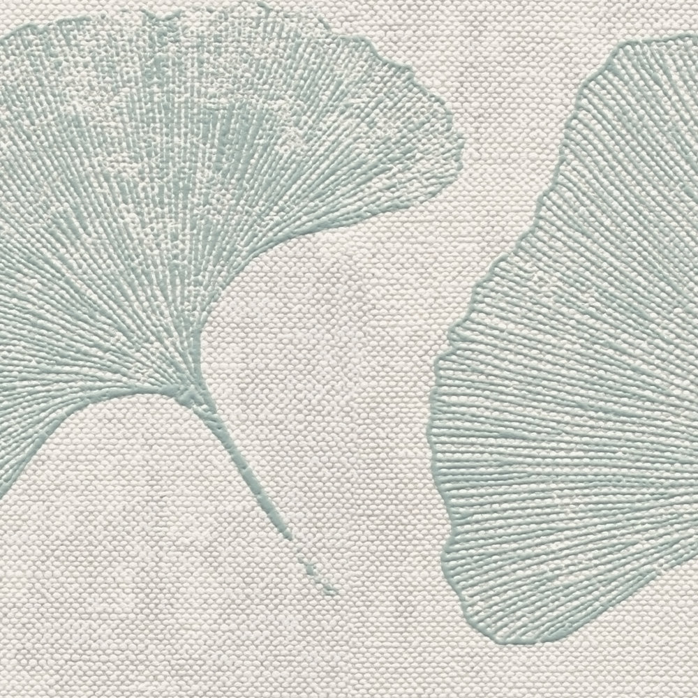             Blätter-Tapete floral matt strukturiert – Grau, Weiß, Mint
        