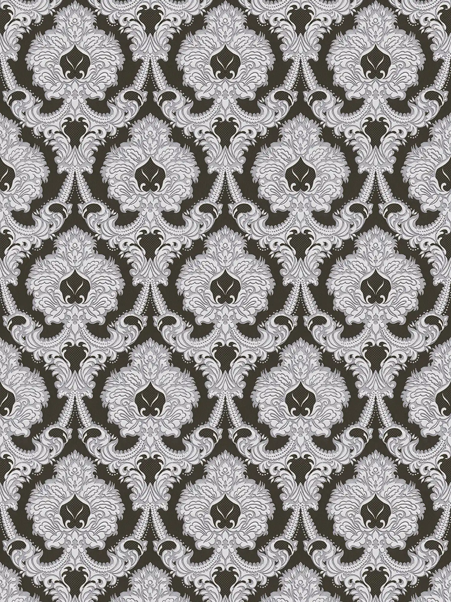 Opulente Ornament-Tapete, silberne Akzente – Silber, Schwarz, Weiß

