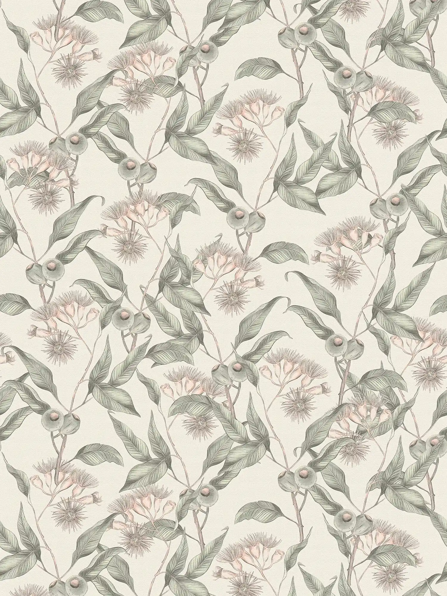 Tapete floral mit Blättern & Blüten modern strukturiert matt – Weiß, Grau, Grün
