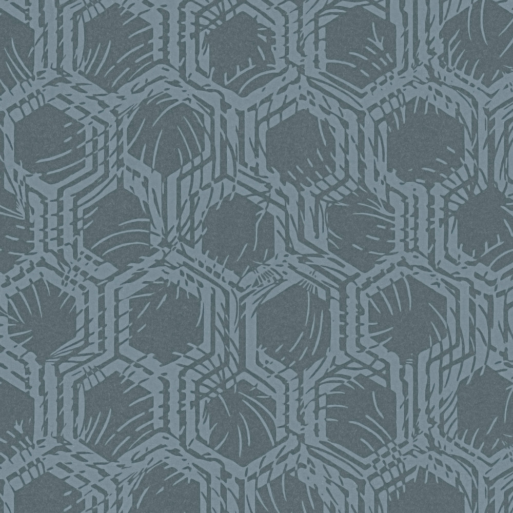             Mustertapete mit Hexagon Muster im Ethno Stil – Blau, Metallic
        