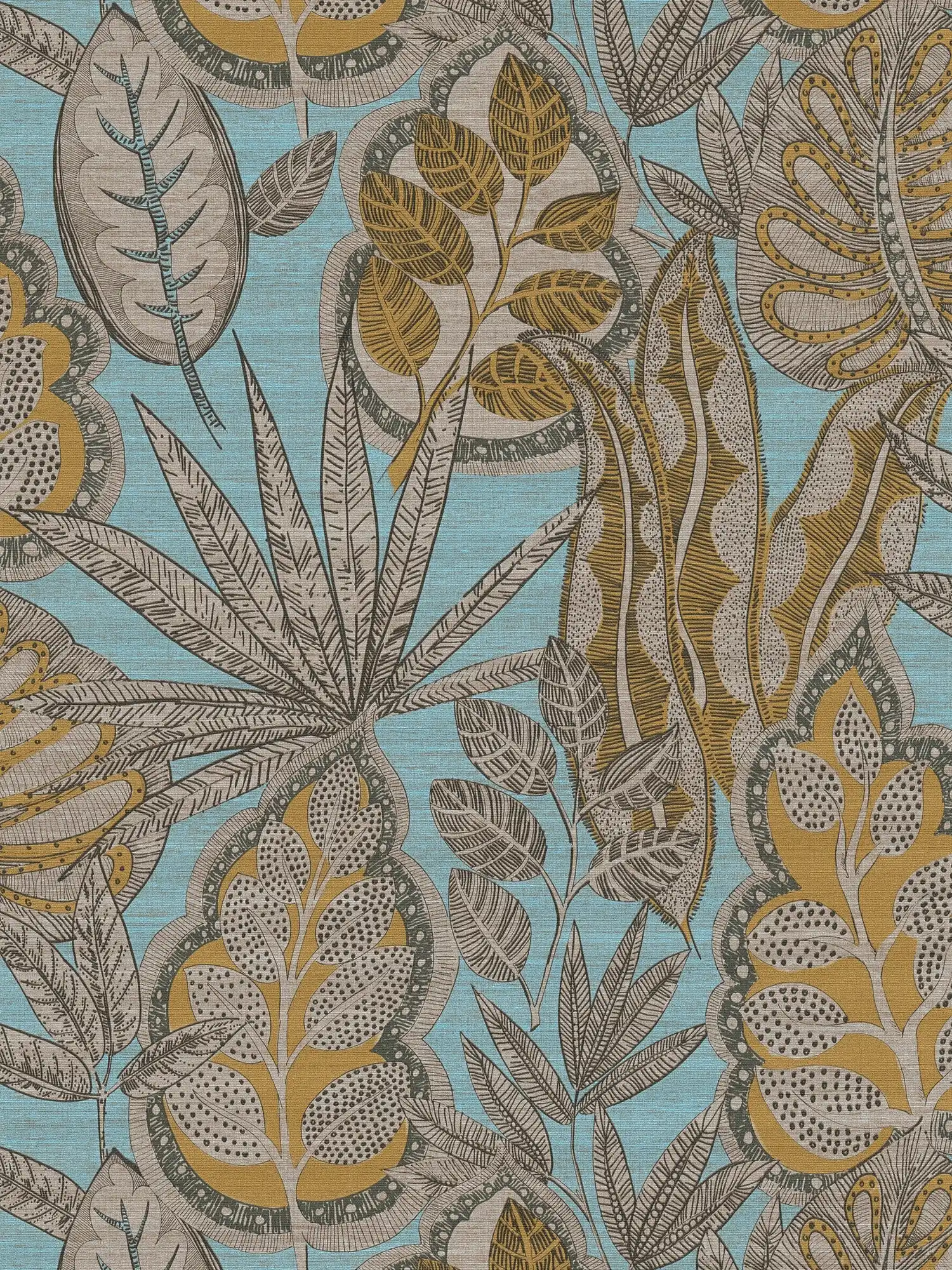 Florale Vliestapete im Grafik-Stil mit leichter Struktur, matt – Hellblau, Gelb, Braun

