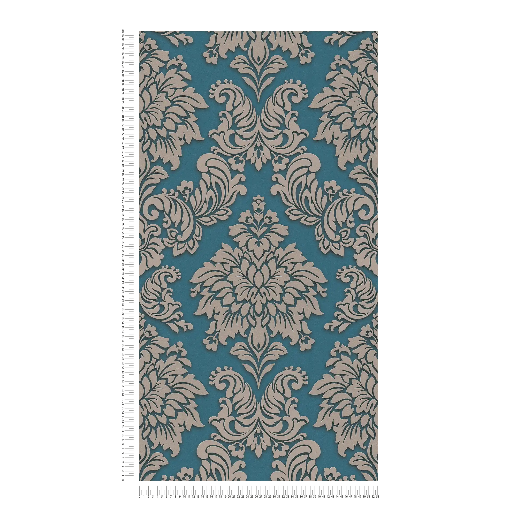             Barock Tapete Ornamente mit Glitzereffekt – Blau, Silber, Beige
        