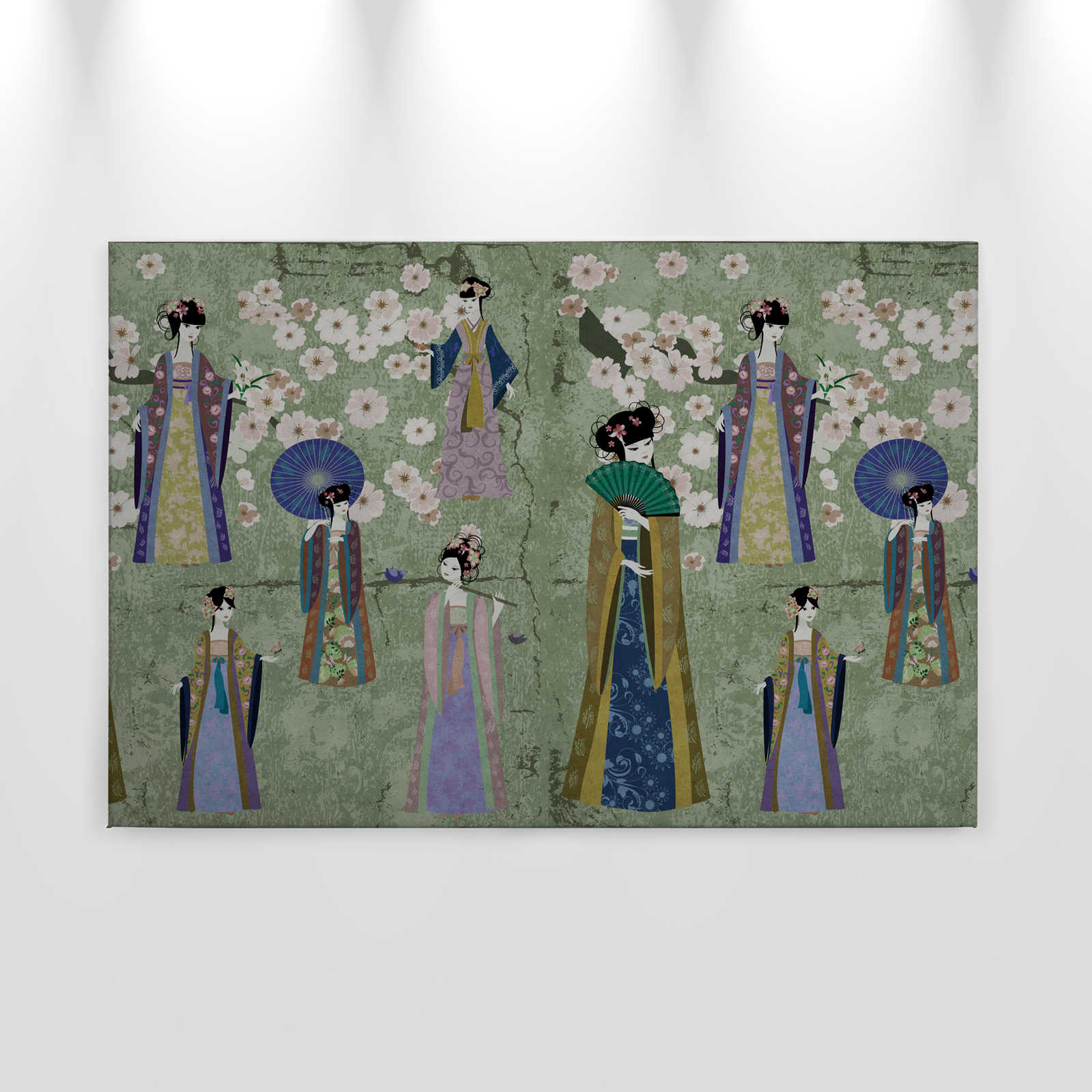             Leinwandbild Japan Comic mit Kirschblüten | grün, blau – 0,90 m x 0,60 m
        