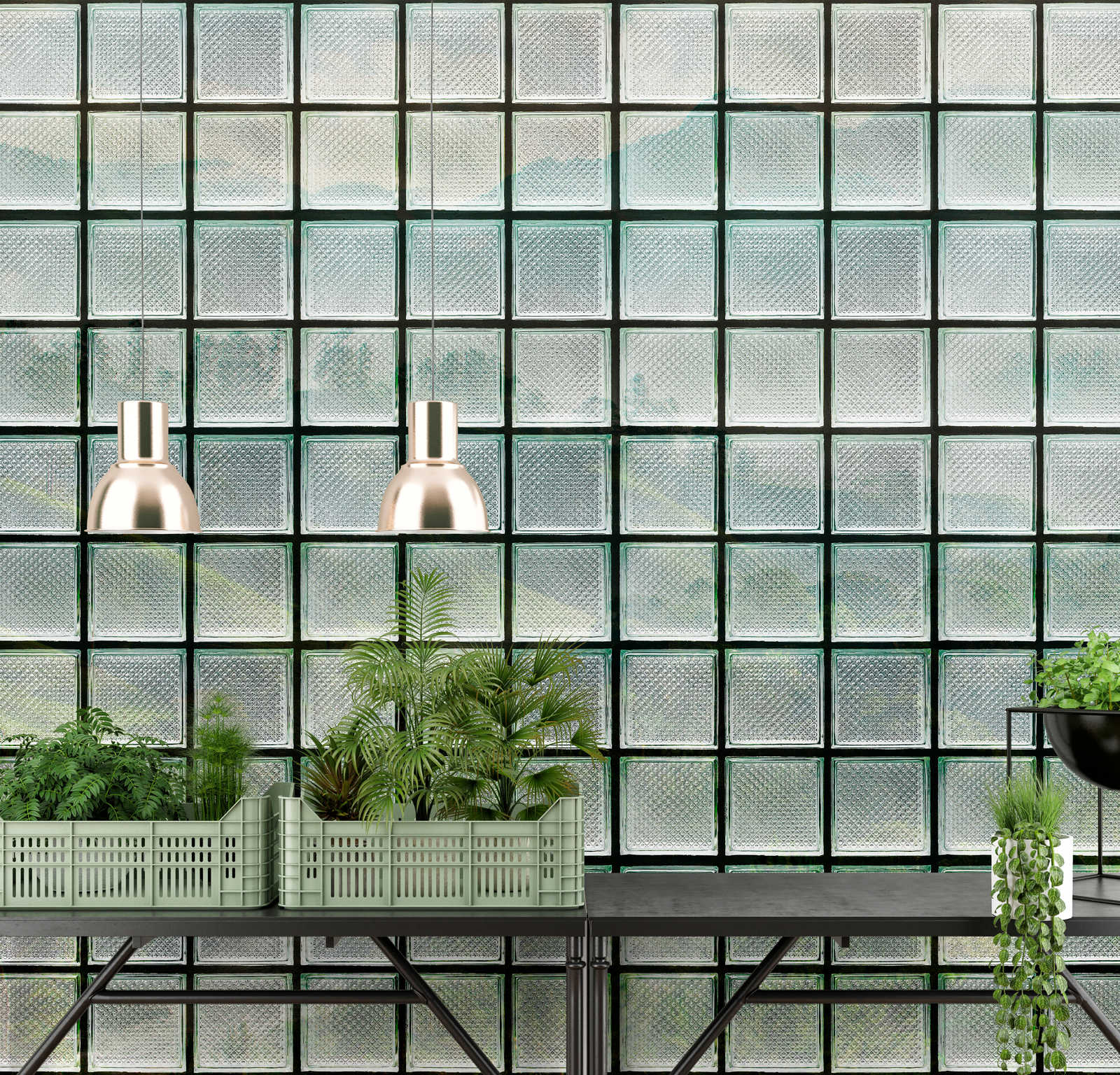             Green House 3 – Fenster Fototapete Glasbausteine & tropischer Wald
        