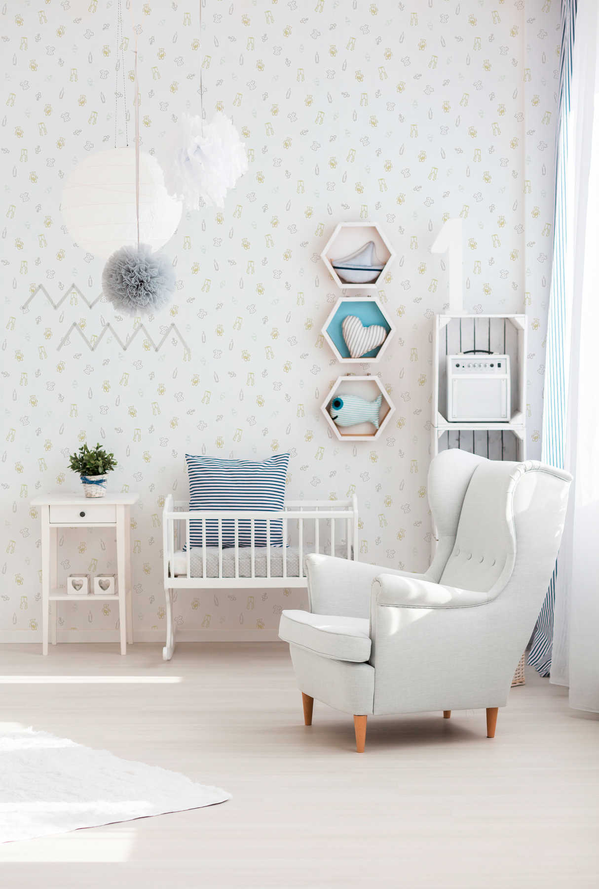             Tapete Babyzimmer mit süßem Muster – Metallic, Weiß
        