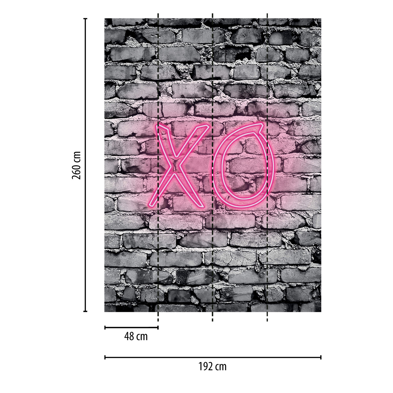             schmale Fototapete Leuchtbuchstaben XO auf Steinwand
        