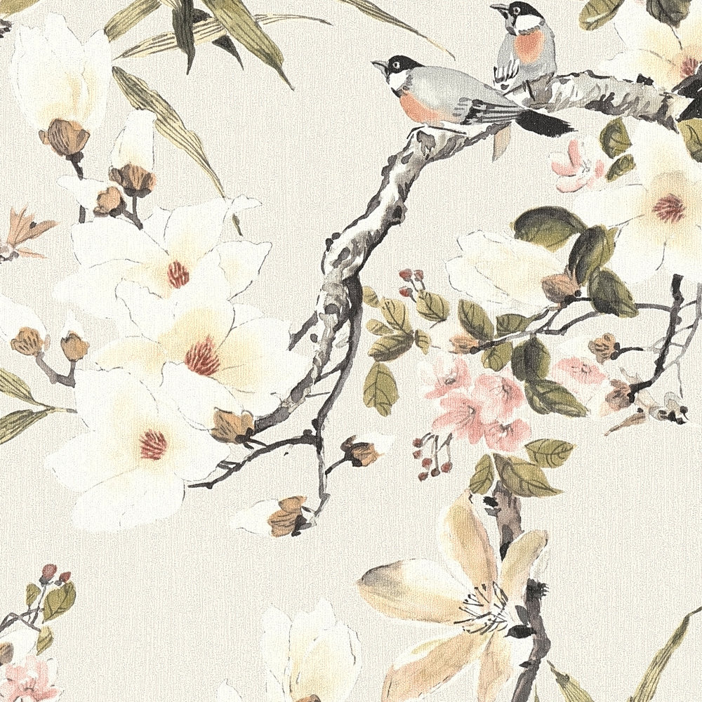             Vliestapete Natur Design Blüten Zweige & Vögel – Beige, Bunt
        