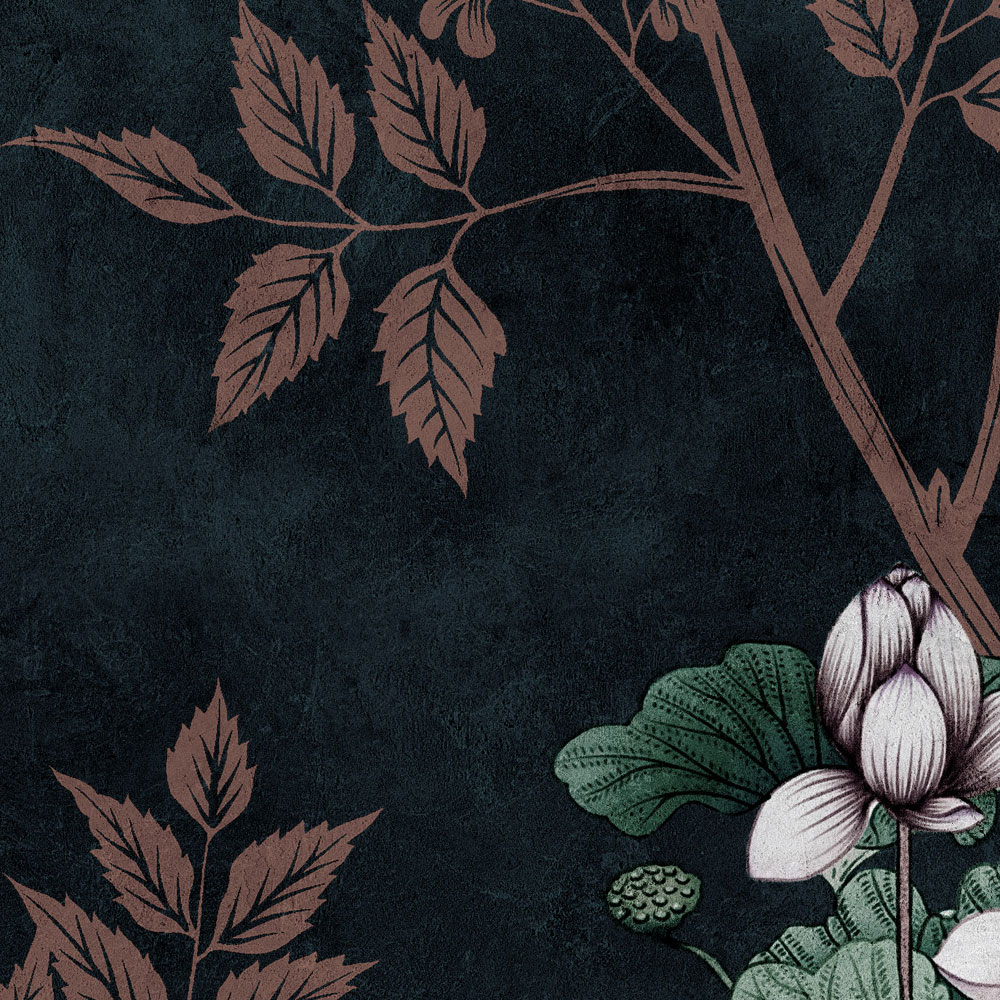             Dark Room 2 – Schwarze Fototapete Botanical Muster Rosa
        