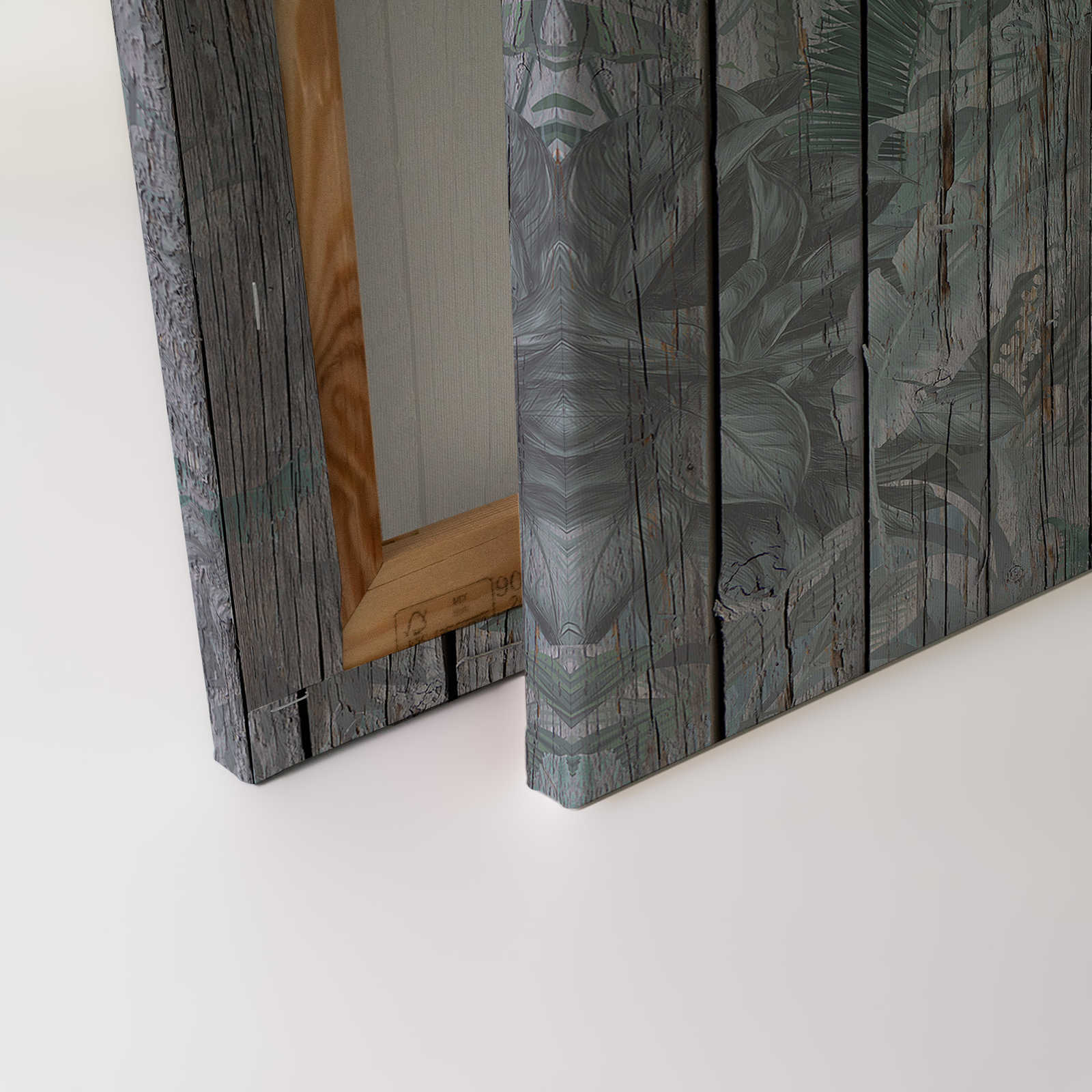             Leinwandbild Holzwand mit Dschungelpflanzen – 0,90 m x 0,60 m
        