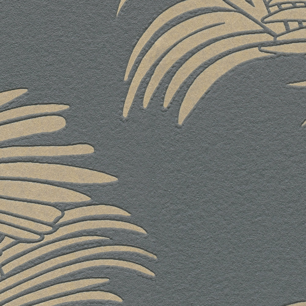             Palmenblätter Tapete Grau & Gold mit Struktur & Metallic Effekt
        