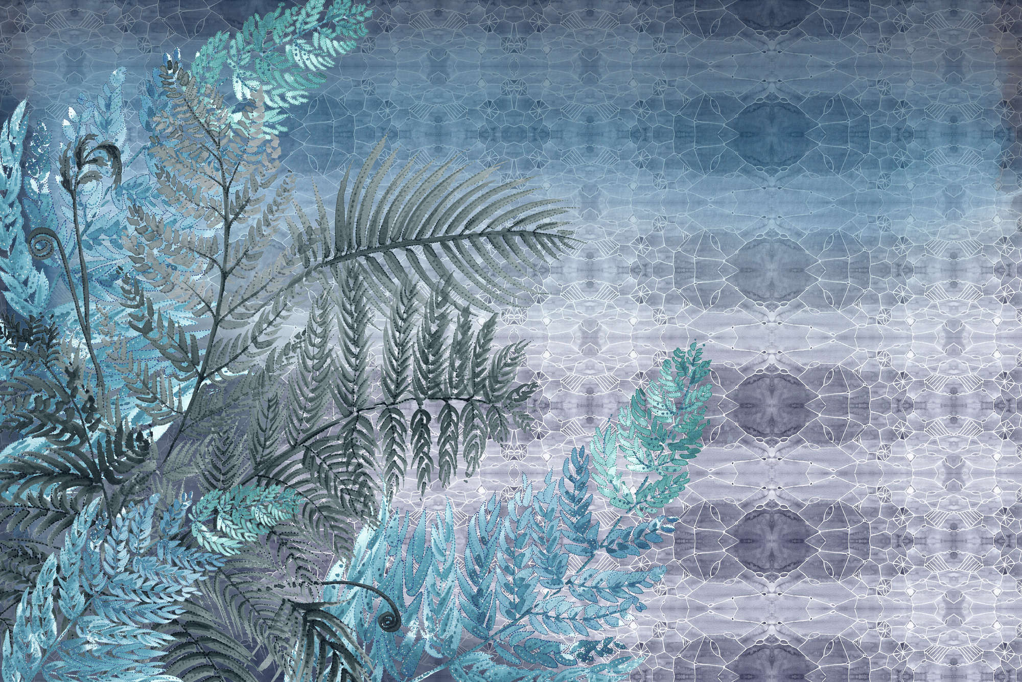             Aquarell Fototapete Farn-Muster in Blau und Violett auf Premium Glattvlies
        