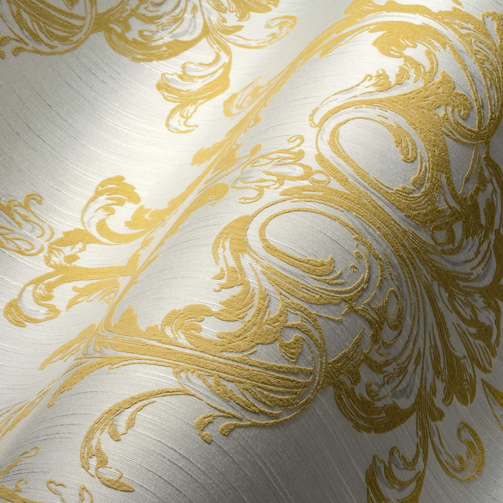             Vliestapete historisches Ornament Design mit Struktureffekt – Gold, Weiß
        
