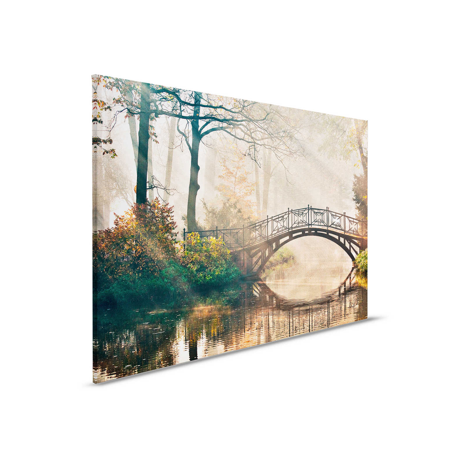         Leinwand mit Brücke über einen Fluss im Laubwald – 0,90 m x 0,60 m
    