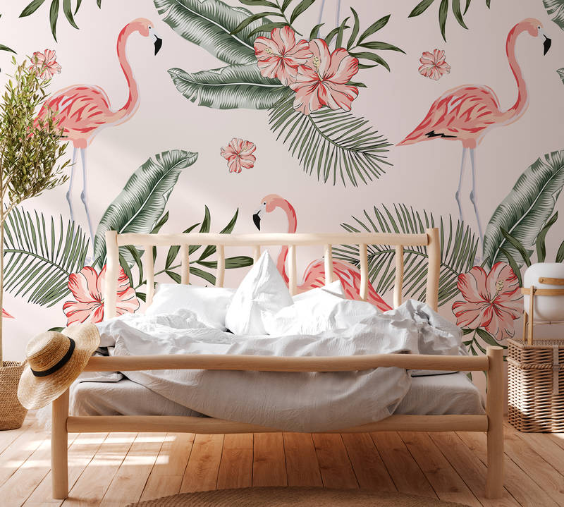             Flamingos und tropische Pflanzen – Weiß, Rosa, Grün
        