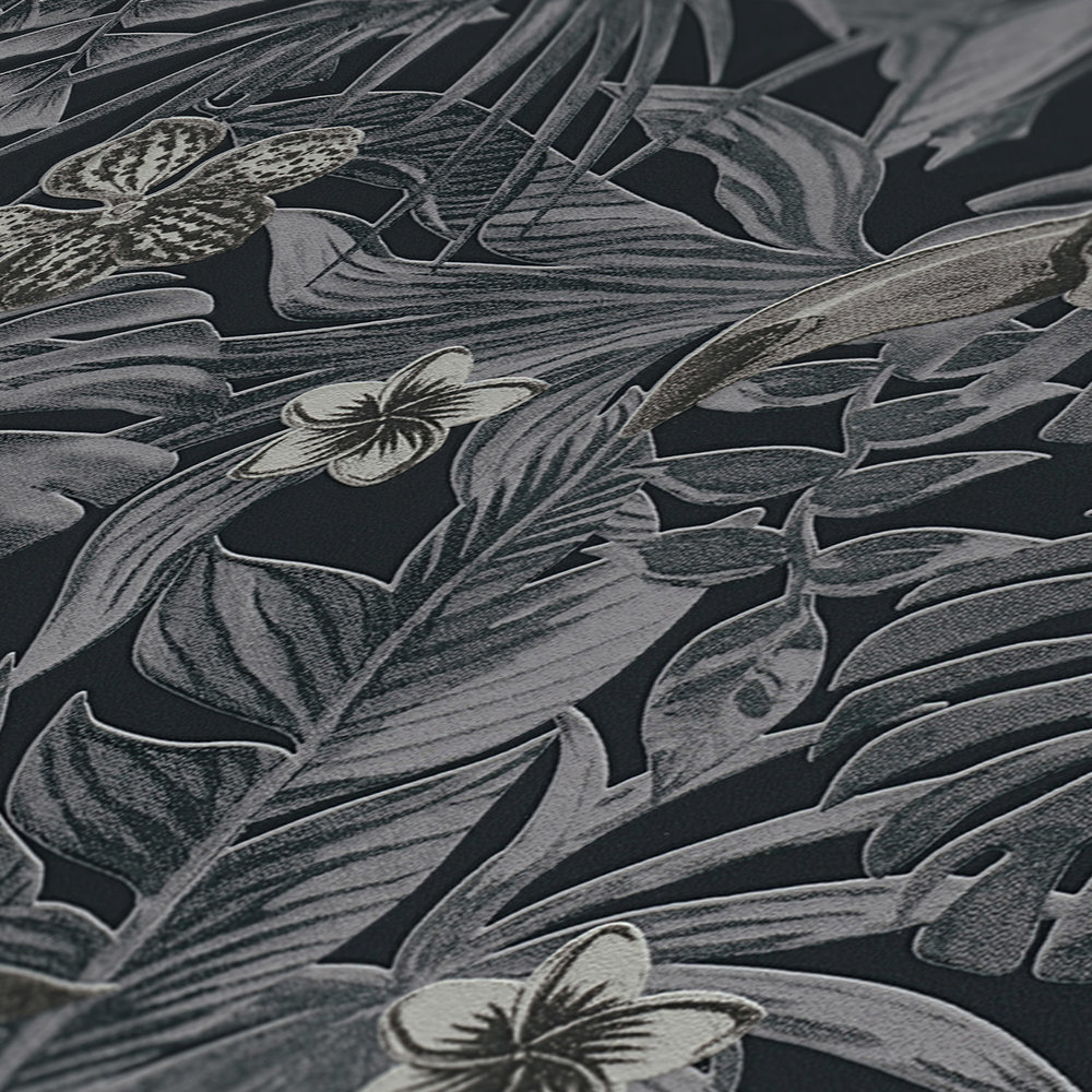             Exotische Tapete tropischen Vögel, Blüten & Blätter – Grau, Schwarz, Creme
        