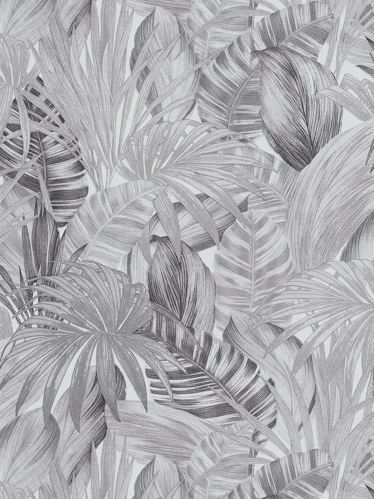 Mustertapete mit Blättermotiv im Zeichenstil – Schwarz, Weiß, Grau
