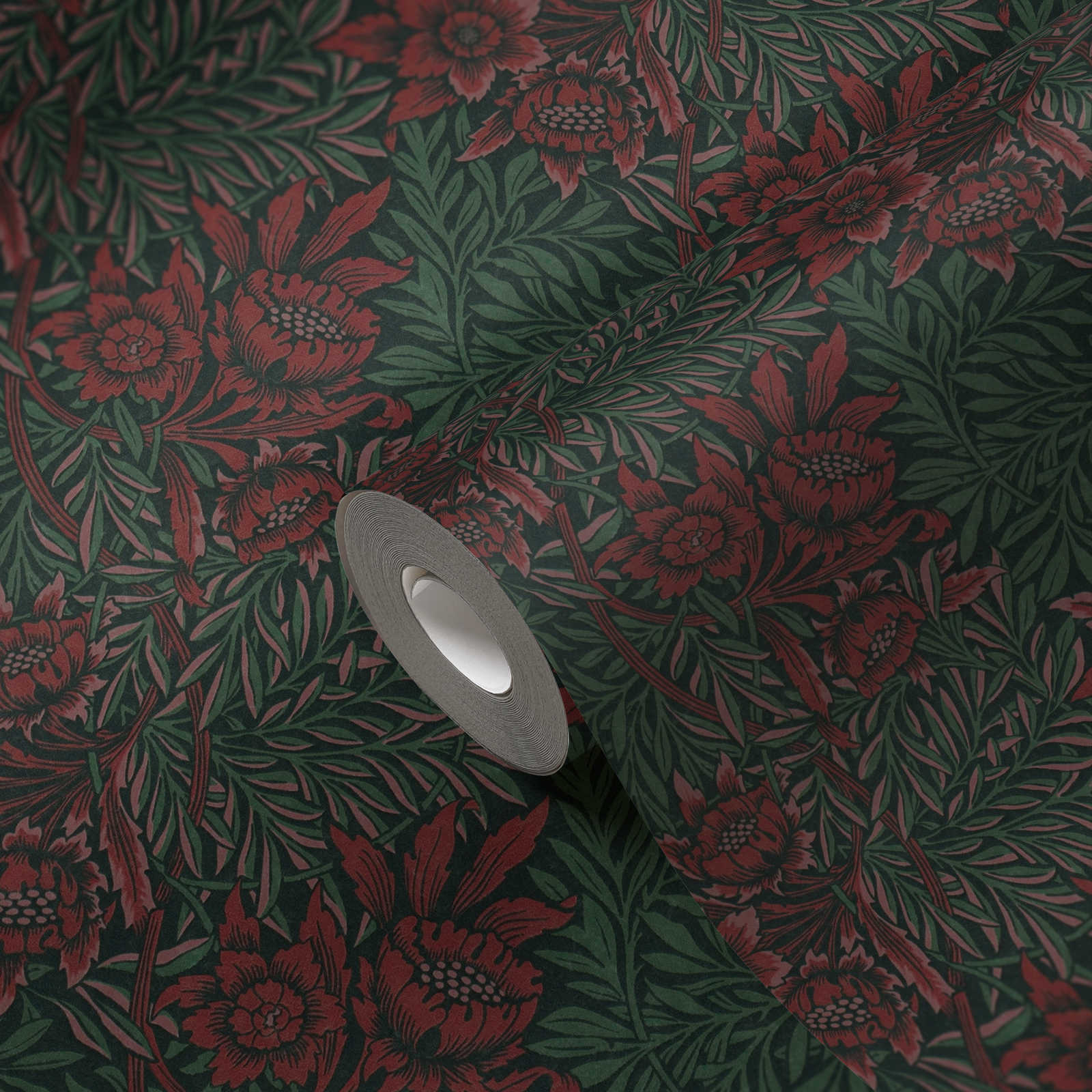             Vliestapete mit floralem Muster große Blüte und Ranken – Grün, Rot, Schwarz
        