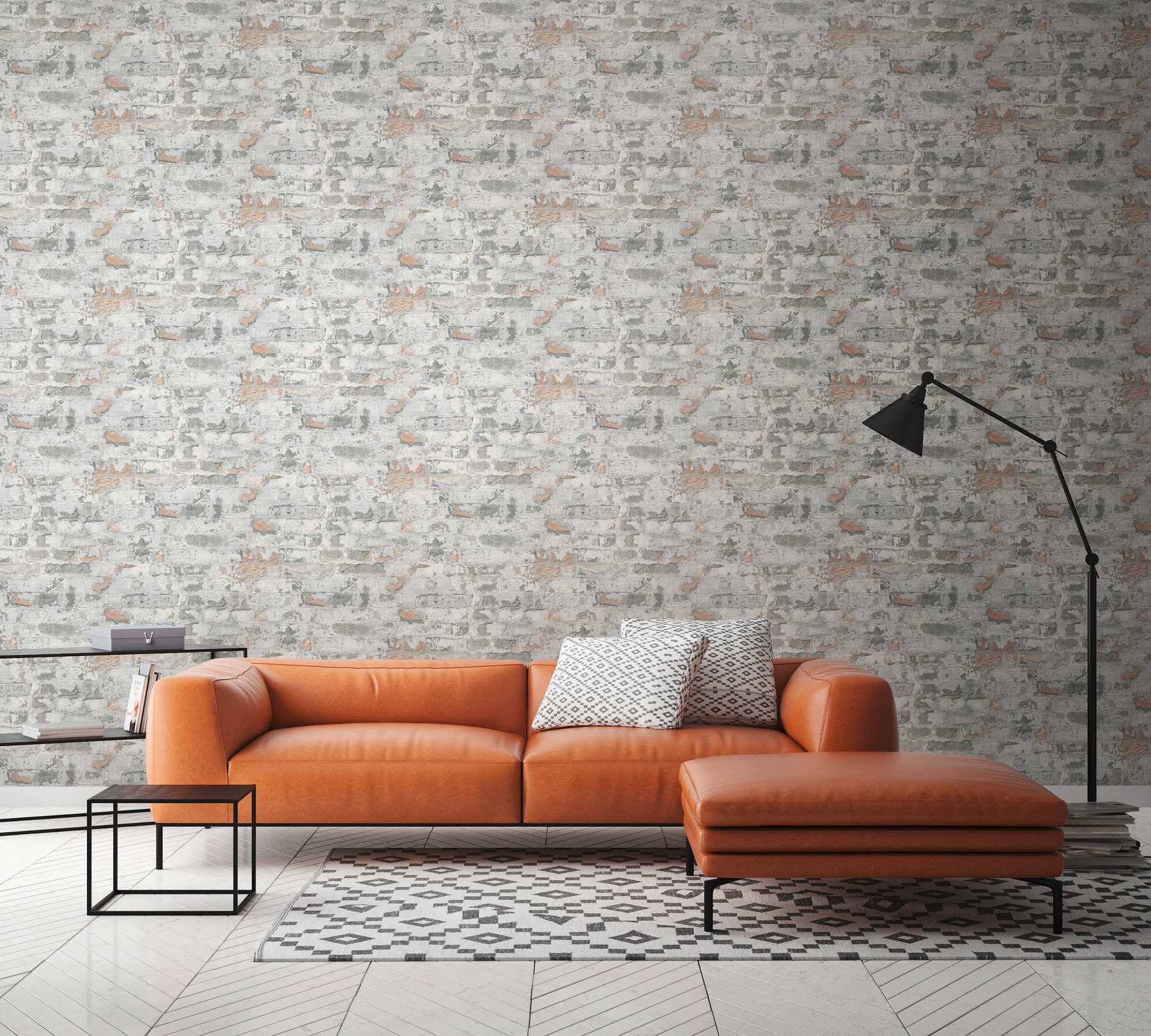             Rustikale Mauer-Tapete mit Backsteinen im Used-Design – Grau, Weiß
        