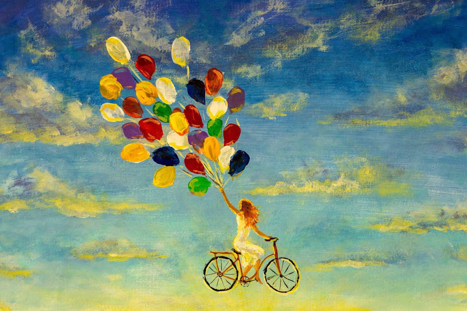             Leinwandbild mit Frau auf Fahrrad im Himmel Gemälde – 0,90 m x 0,60 m
        