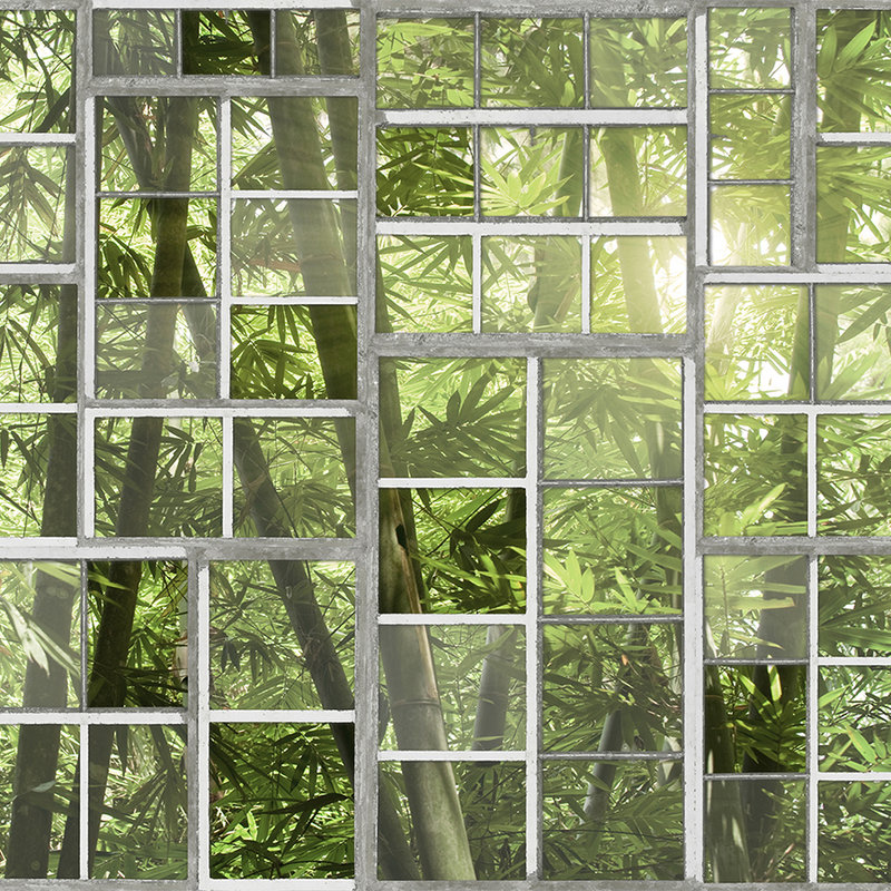         Fototapete Fenster mit Dschungel-Ausblick, Retro-Look – Grün, Grau, Weiß
    