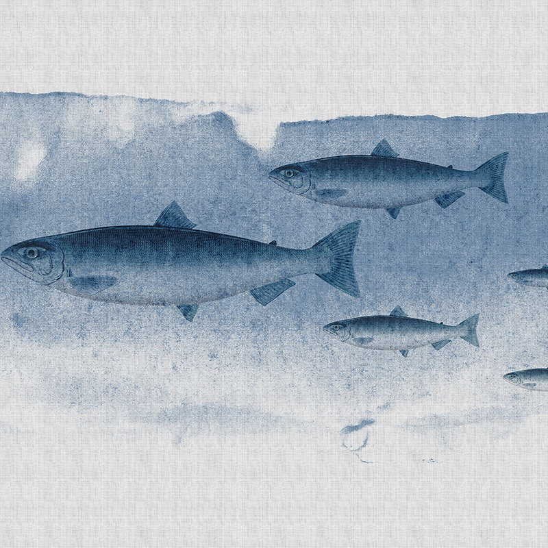 Into the blue 1 - Fisch Aquarell in Blau als Fototapete in naturleinen Struktur – Blau, Grau | Mattes Glattvlies
