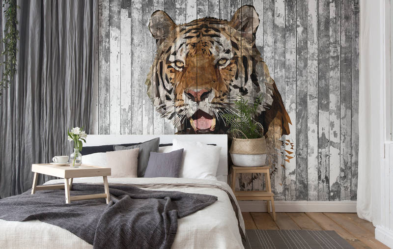             Tiger-Fototapete im Polygon-Stil für Jugendzimmer – Braun, Grau, Weiß
        