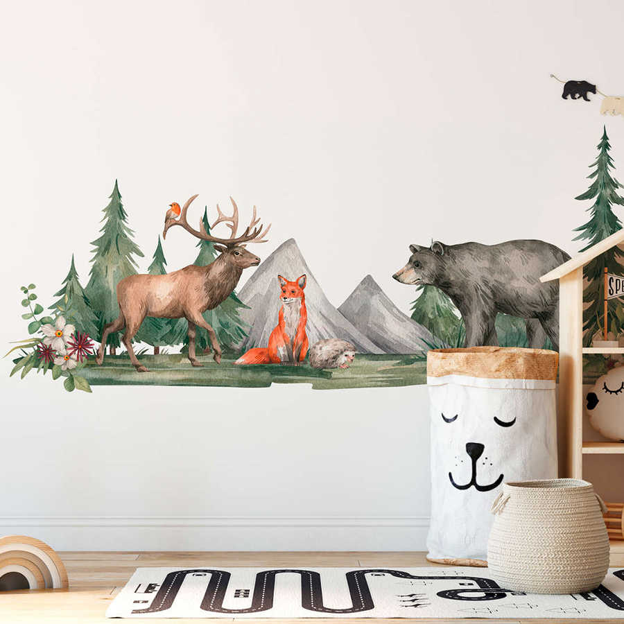 Fototapete Kinderzimmer mit Tieren im Wald – Grün, Braun, Weiß
