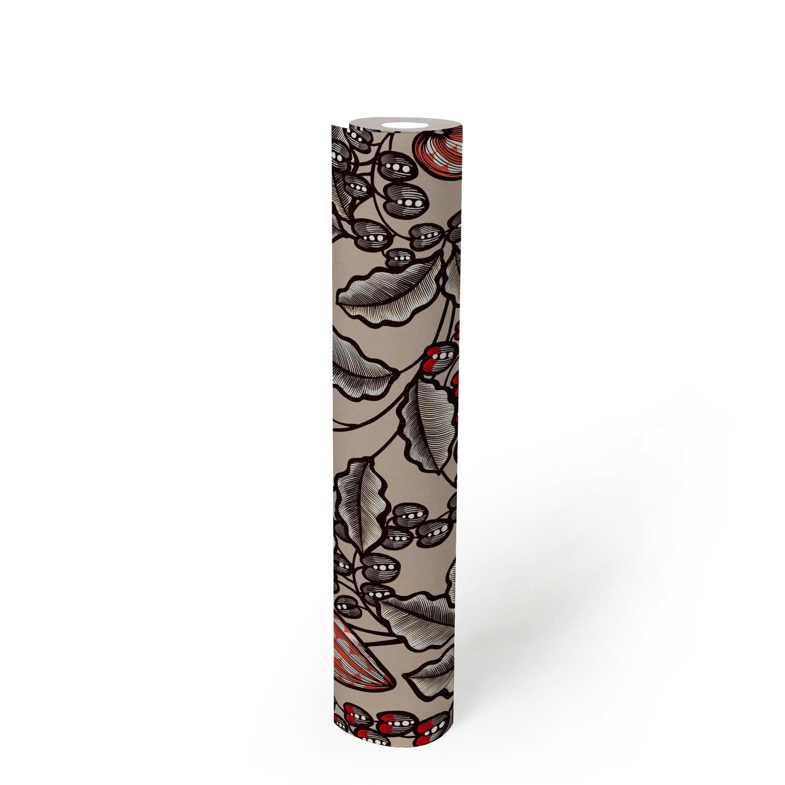             Tapete Greige modernes Blumen & Blätter Design – Braun, Grau, Rot
        