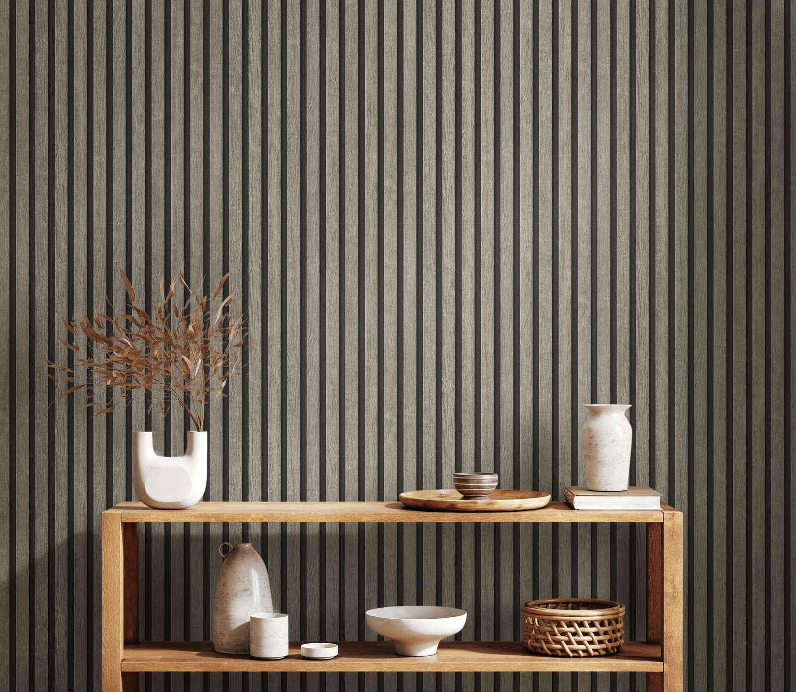             Holzpaneel Tapete mit feiner Struktur – Grau, Schwarz
        