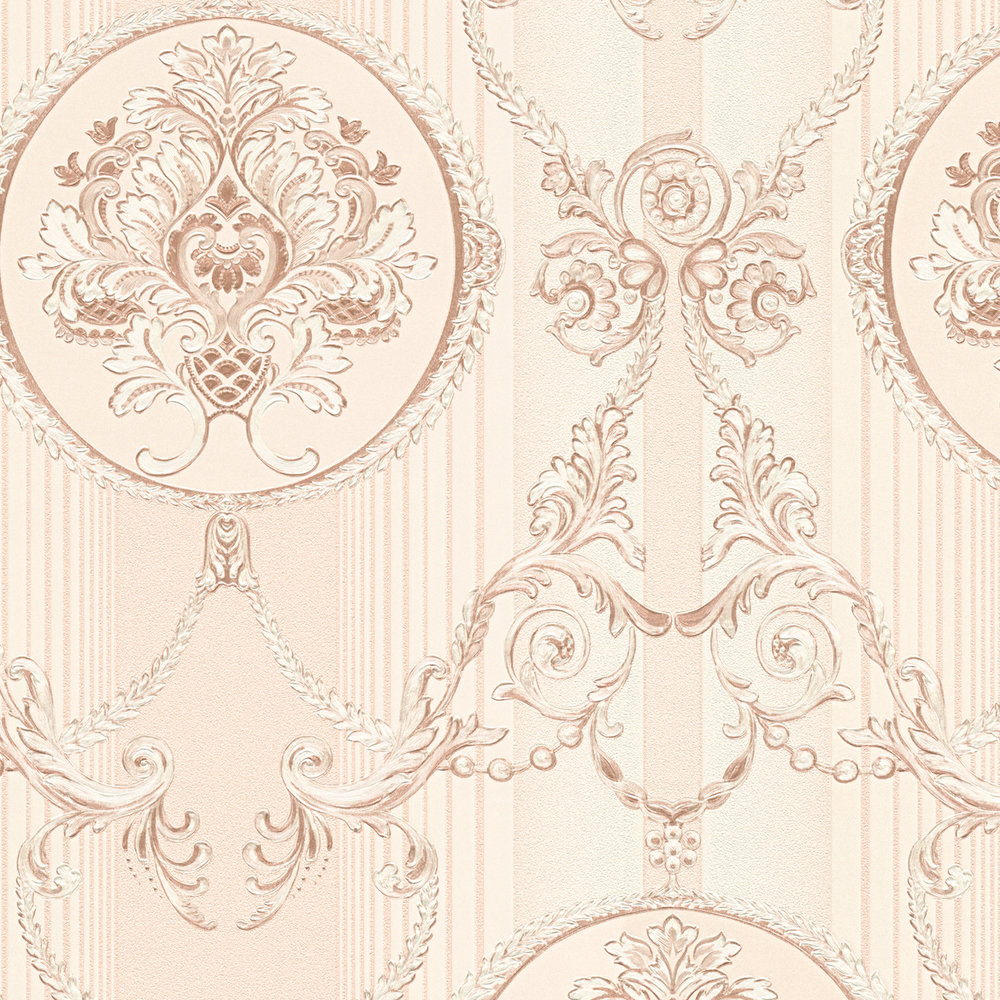             Neobarock Tapete mit Ornamentmuster & Streifen – Creme, Rosa
        