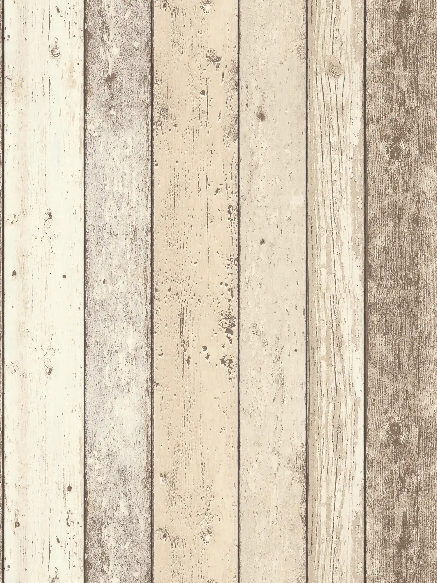 Rustikale Bretter-Tapete mit Holzbrettern im Used-Look – Beige, Braun, Weiß
