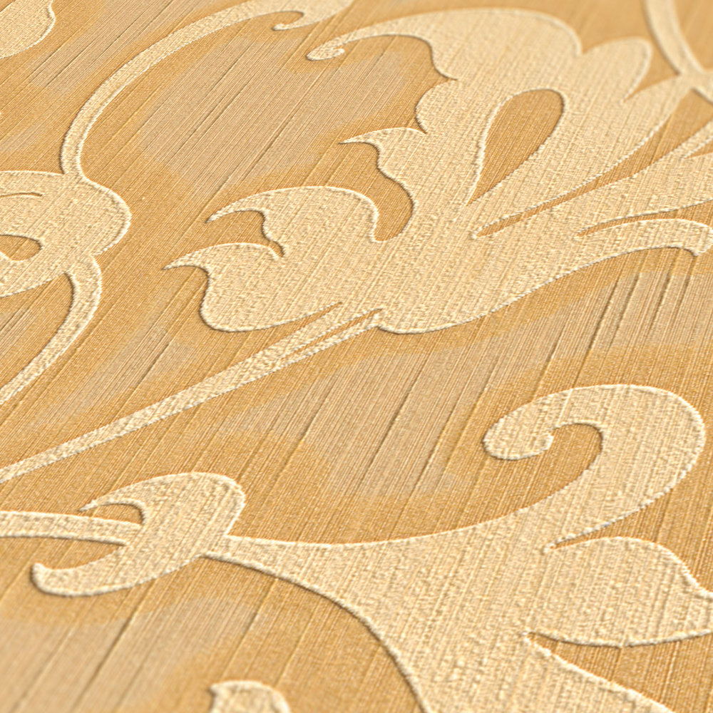             Ornament Tapete mit Textilstruktur & Prägemuster – Gelb, Metallic
        