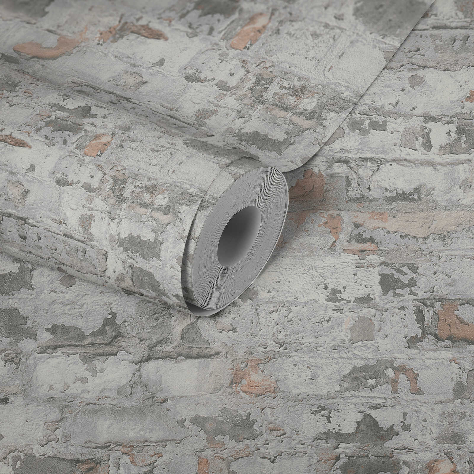             Rustikale Mauer-Tapete mit Backsteinen im Used-Design – Grau, Weiß
        