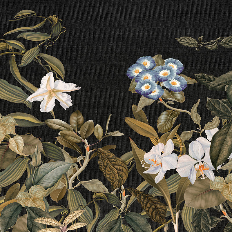 Botanical Fototapete mit Orchideen & Blätter-Motiv – Grün, Schwarz, Blau
