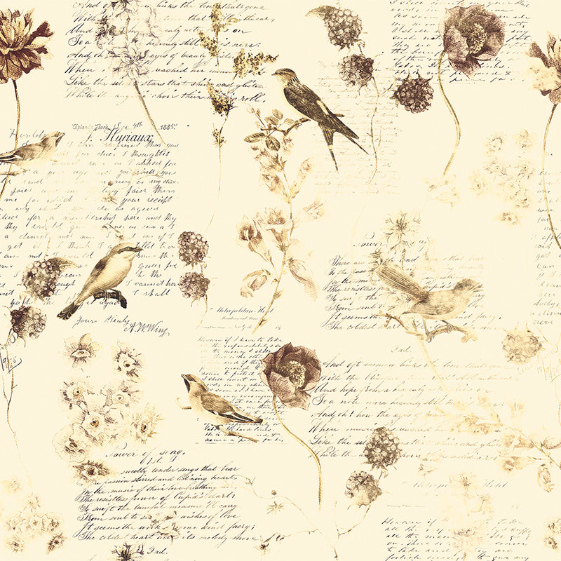 Fototapete romantische mit Blüten & Handschrift-Dekor – Creme, Braun, Beige
