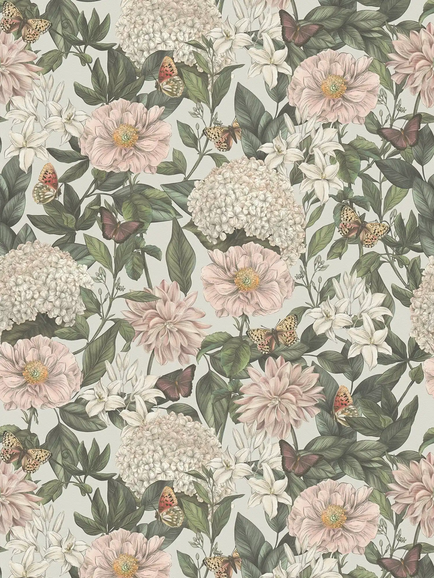 Moderne Tapete floral mit Tieren & Blumen strukturiert matt – Hellgrau, Weiß, Dunkelgrün
