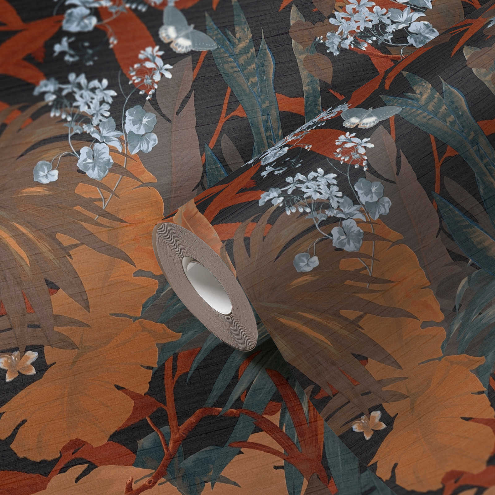             Dschungel-Tapete mit Blättermuster – Orange, Blau
        