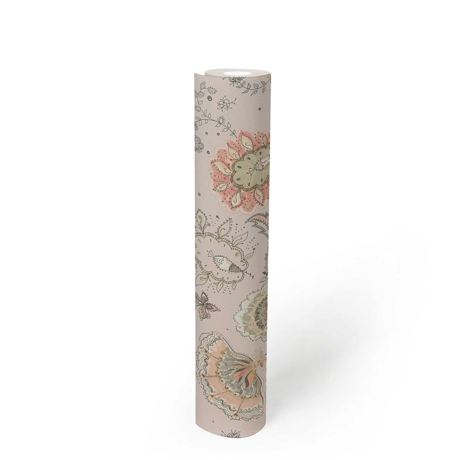             Florale Tapete mit abstraktem Blumenmuster & feinen Struktur – Grau, Beige, Rot
        