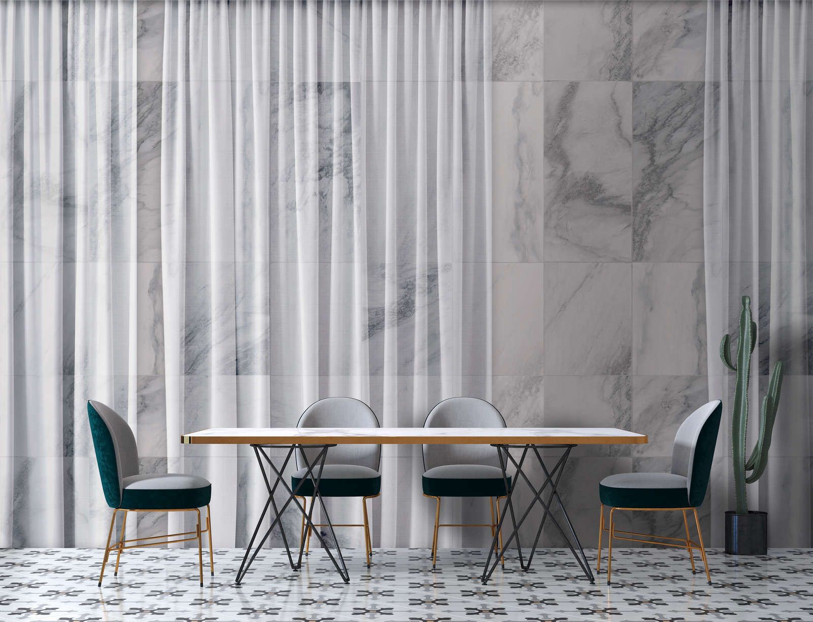             Fototapete »nova 1« - Dezent fallender weißer Vorhang vor Marmorwand – Glattes, leicht glänzendes Premiumvlies
        