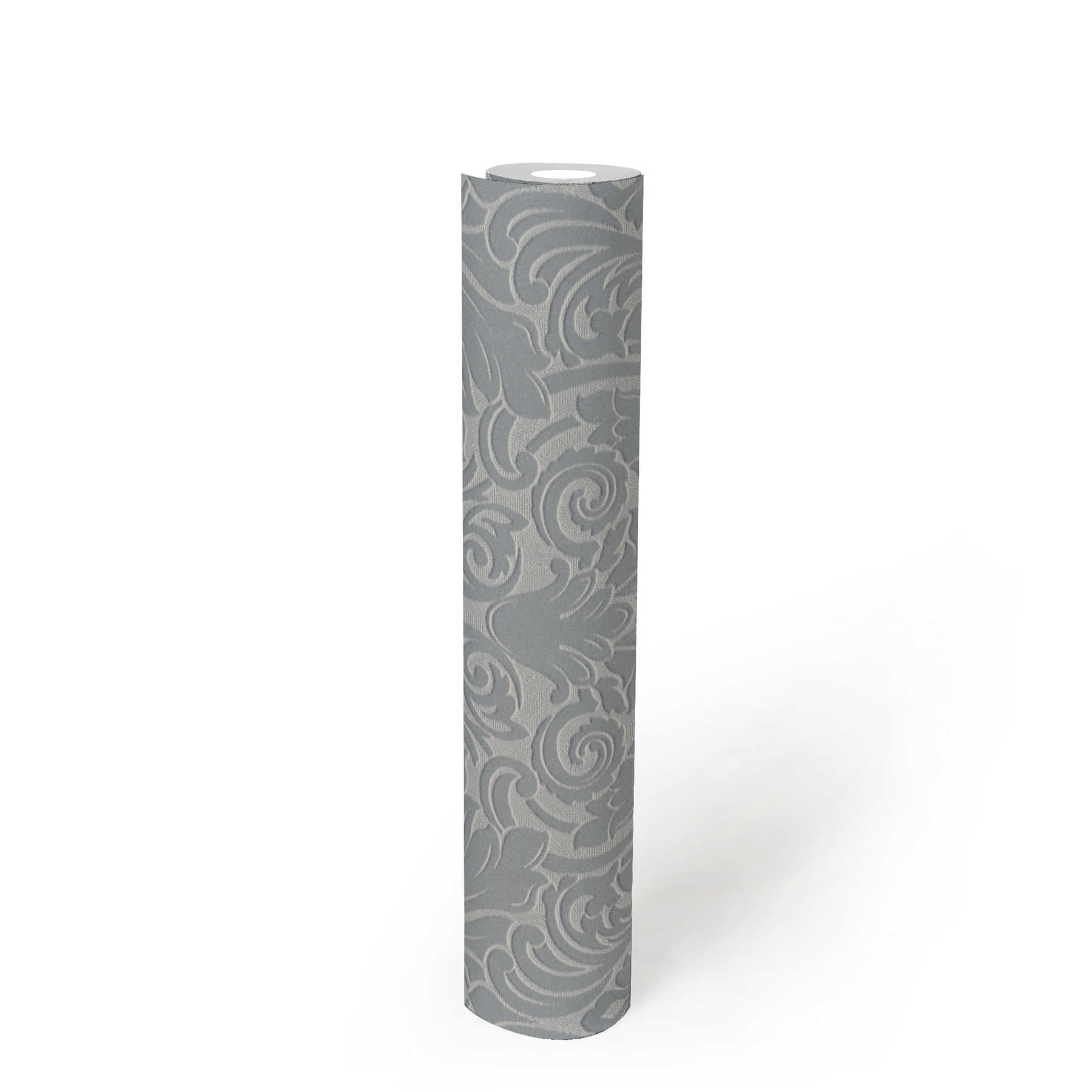             Metallic Barock Tapete mit 3D Strukturprägung – Grau
        