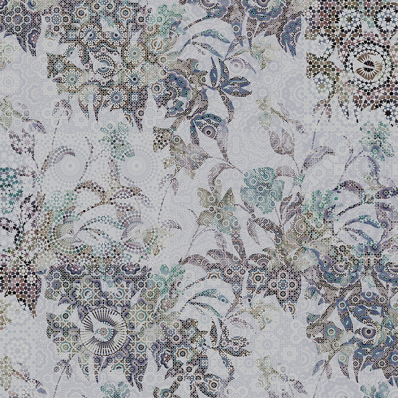 Mosaik Fototapete mit floralem Blättermuster in Grau
