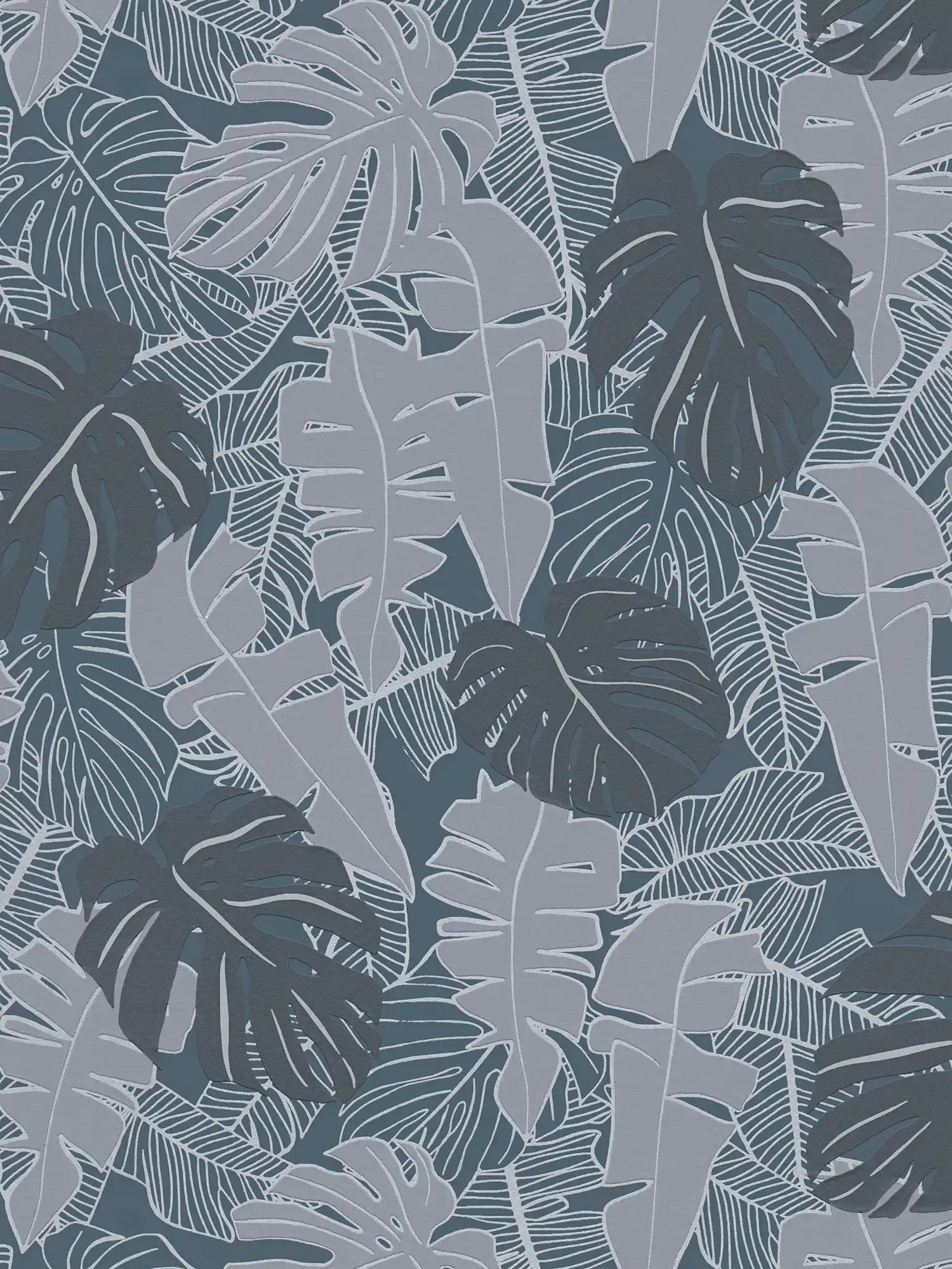 Dschungelmuster Tapete mit Bananenblättern & Metalliceffekt – Schwarz, Grau

