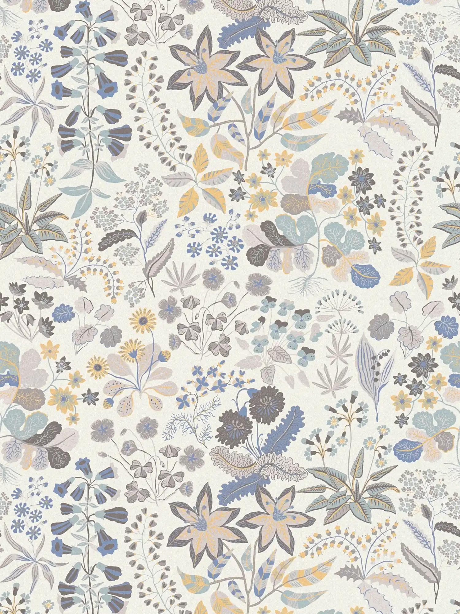 Vliestapete mit detaillierten Blumenmuster - Grau, Blau, Creme
