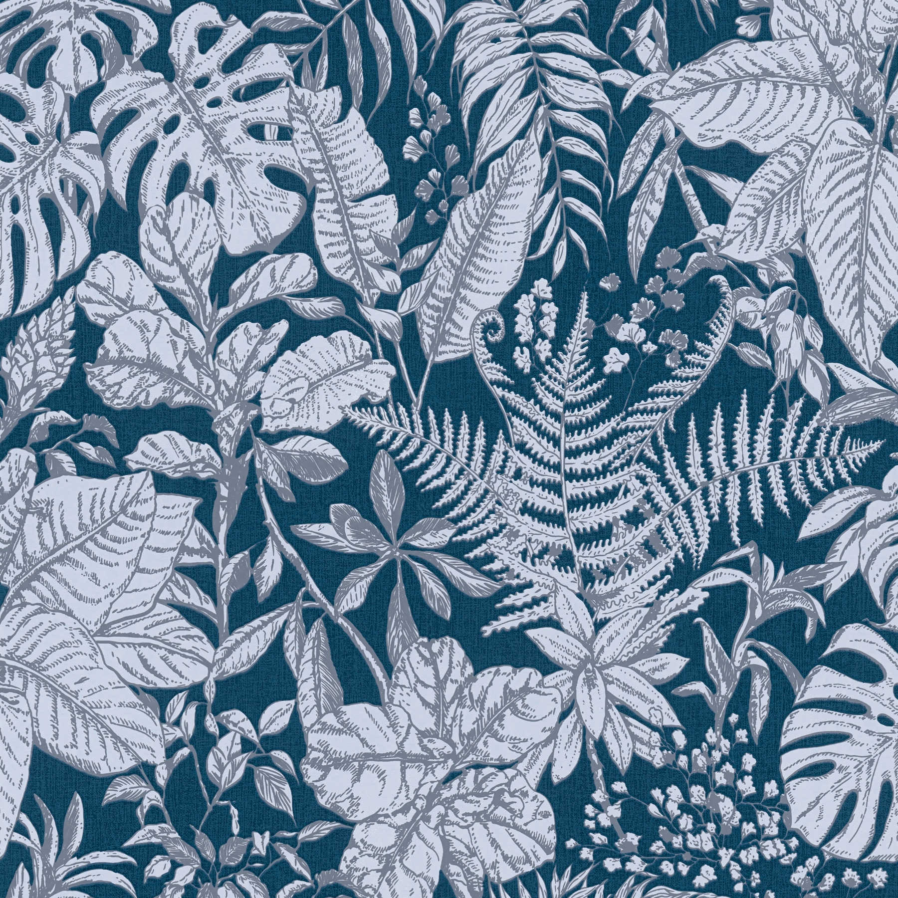 Mustertapete Dschungel Blätter & Farne – Blau, Grau, Weiß
