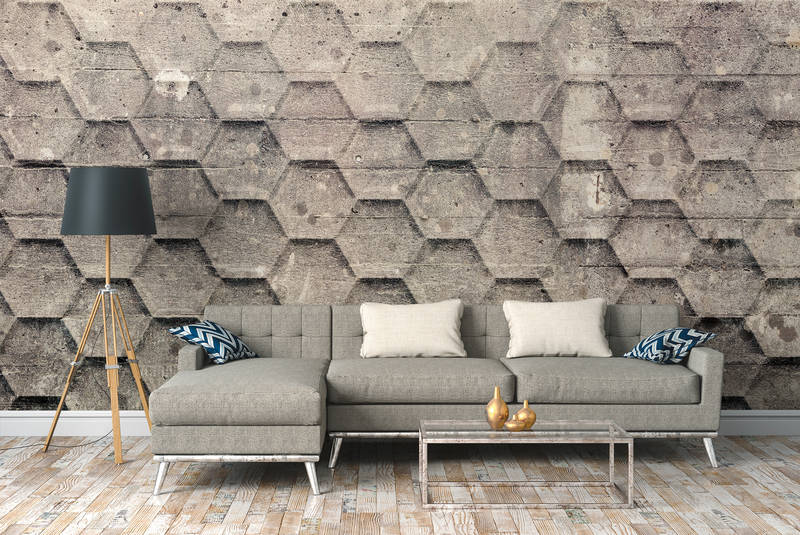             Beton Fototapete mit geometrischem Waben-Muster – Grau, Beige, Weiß
        