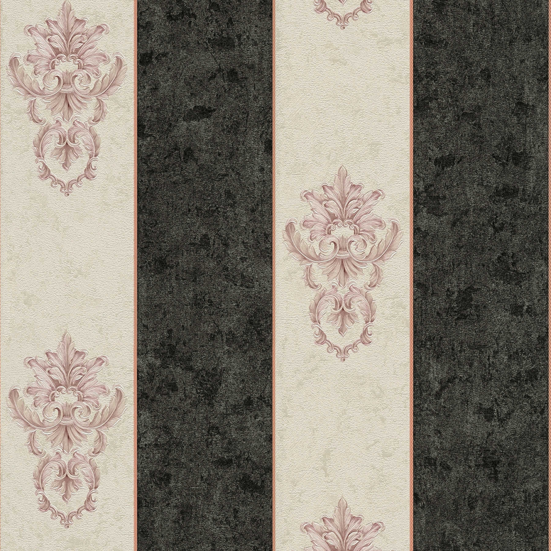 Streifen Tapete Metallic mit Ornament Muster – Creme, Schwarz
