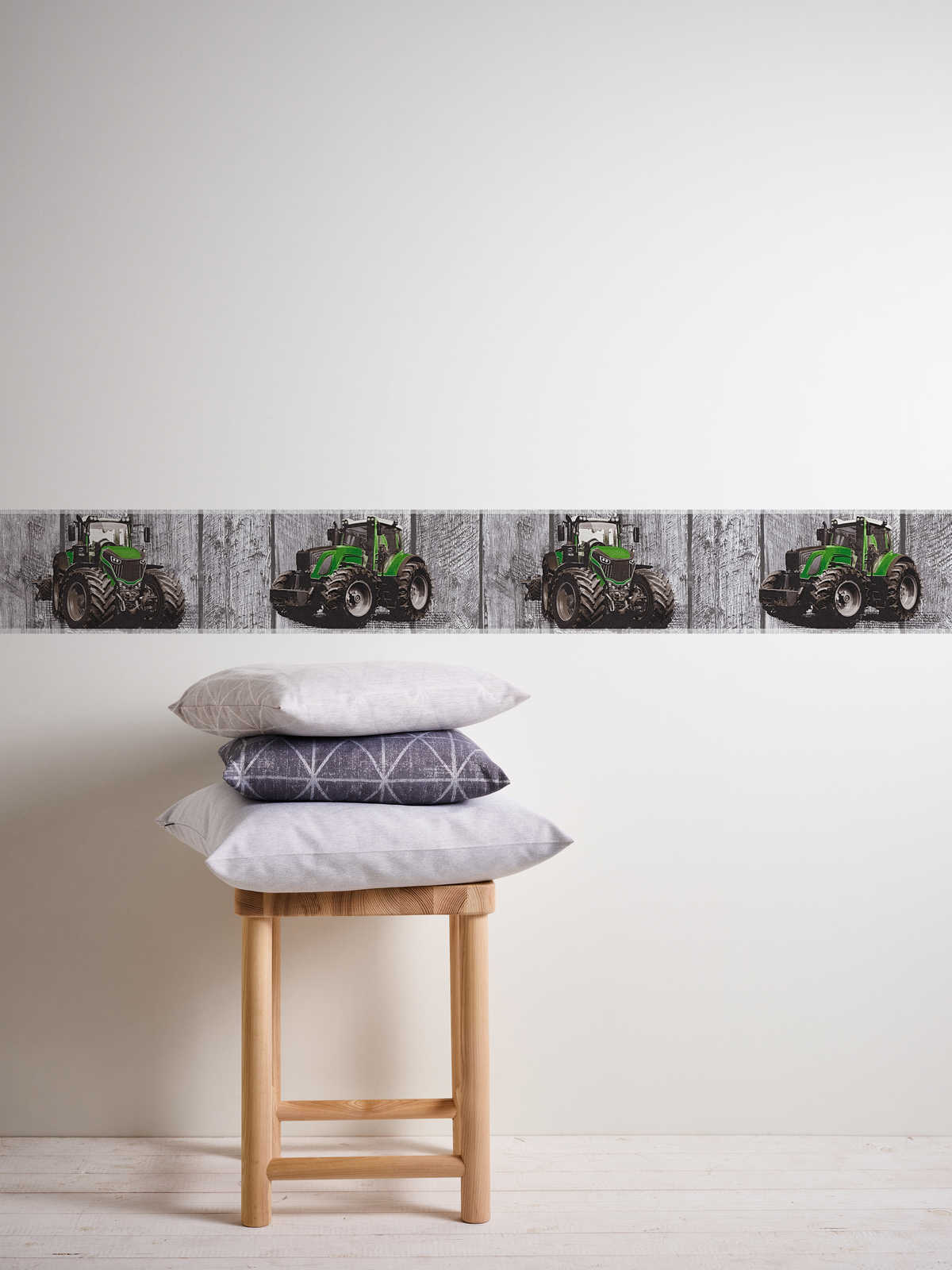            Traktor Tapetenbordüre für Kinderzimmer – Grau, Grün
        