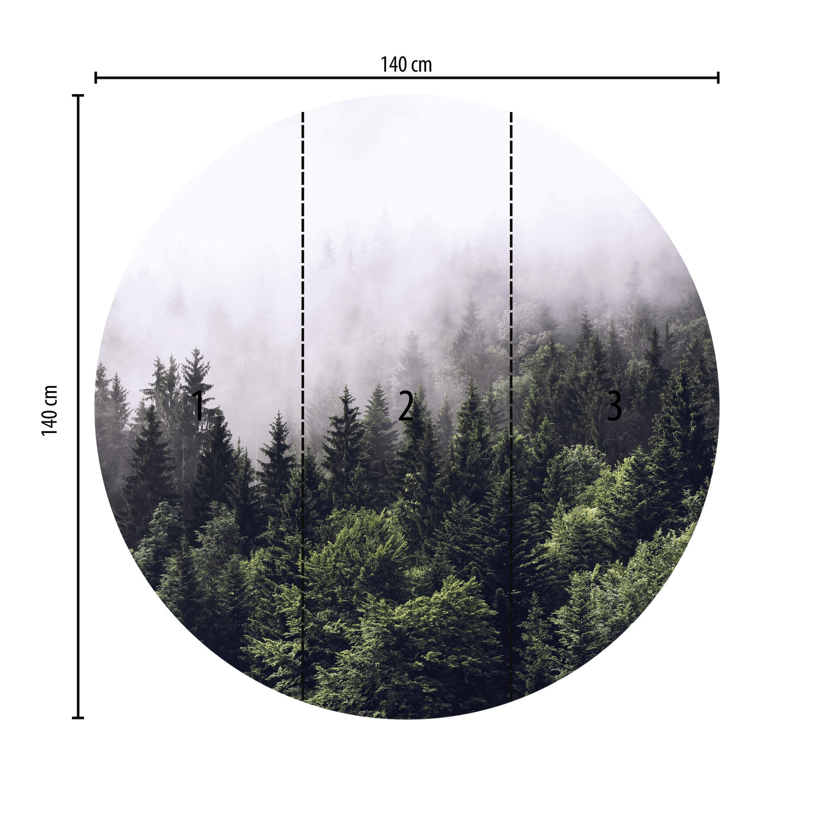             Runde Fototapete Wald im Nebel – Grün, Weiß
        