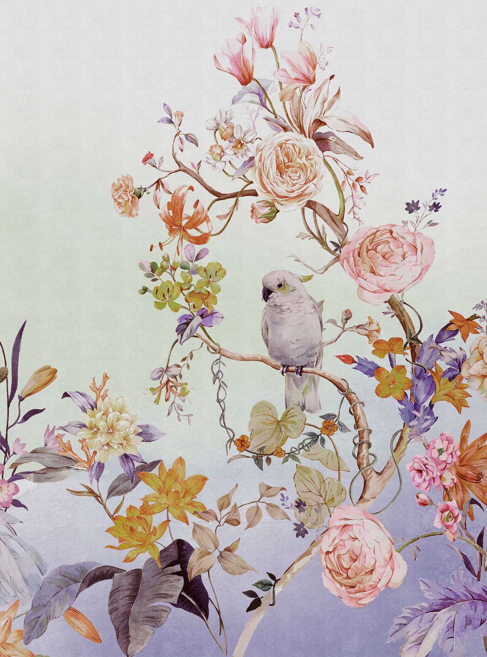             Fototapete »paradise« - Vogel & Blumen mit Farbverlauf und Leinenstruktur im Hintergrund – Bunt | Glattes, leicht glänzendes Premiumvlies
        